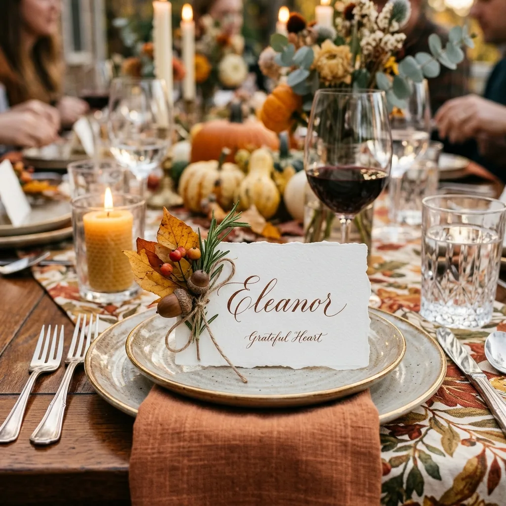 Handmade Thanksgiving place cards on a decorated table